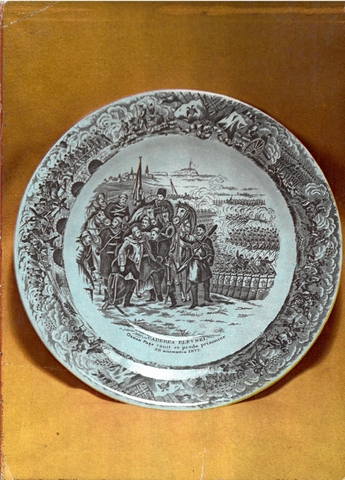 2100 - Farfurie realizata la Birmingham (Anglia), reprezentând scena predării lui Osman Pașa la Plevna, la 28 noiembrie 1877